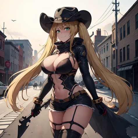 1girl,big breasts,standing in ruined city,(8k),scratches,detailed face,blond hair,green eyes,long hair,twintails,embarassed,small smile face,high_res, high_definition,the battlefield,Heroic pose,dark suit,cowboy hat,(symbiote spider man Custome:1.1),