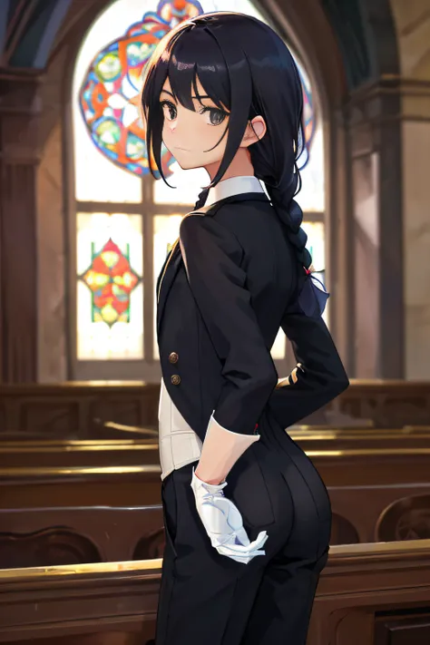 ((One girl is dressed as a guy)), butler,(masterpiece),((wearing beautiful detailed butler clothes)),((tailcoat)),((pants)),white gloves,sommelier,one of a kind girl,pretty face,beautiful eyes with details,((single braid)),beautiful face,slanted eyes cool ...