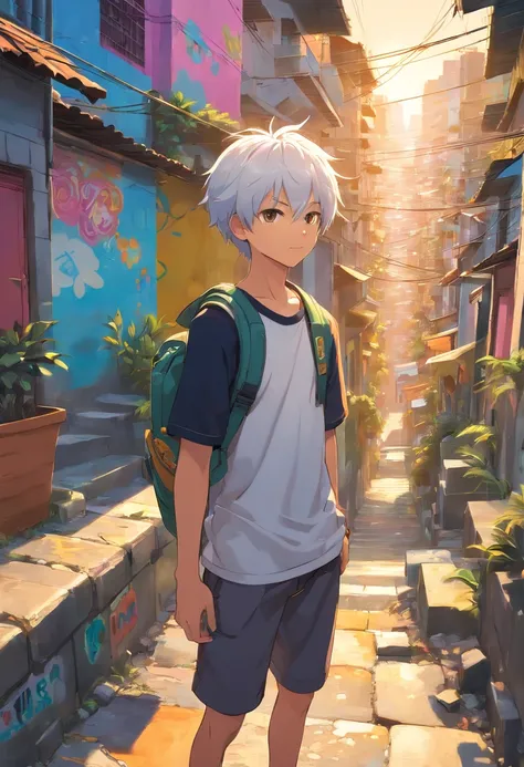 a schoolboy with white hair wearing a black shirt, exploring the vibrant and colorful favela in Rio de Janeiro, Brazil. The scene depicts the boy inquisitively walking through the narrow streets surrounded by colorful houses and graffiti-covered walls. The...