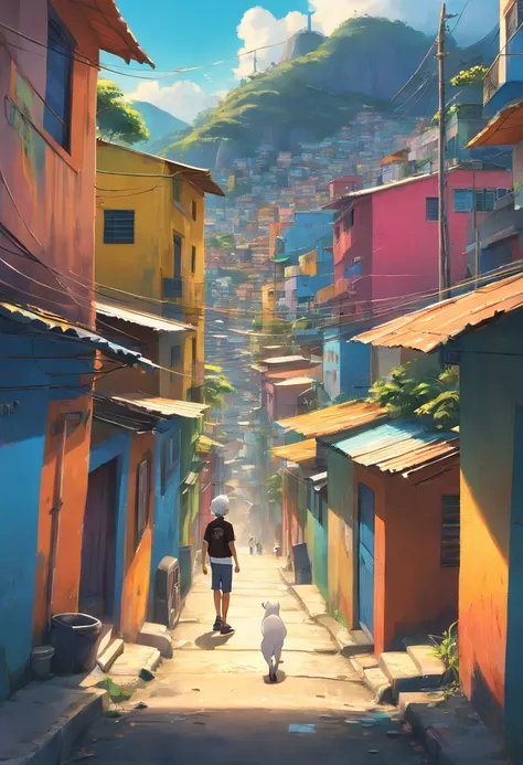 a schoolboy with white hair wearing a black shirt, exploring the vibrant and colorful favela in Rio de Janeiro, Brazil. The scene depicts the boy inquisitively walking through the narrow streets surrounded by colorful houses and graffiti-covered walls. The...