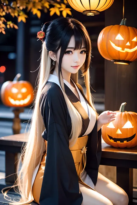 A Japanese Lady、Autumn Outfit、In the city at dusk、Halloween atmosphere、a blond、a 20 yo woman、Extraordinary Beauty、Silky smooth long hair、long bangs、Dating、Turn around and smile、Absolute idle