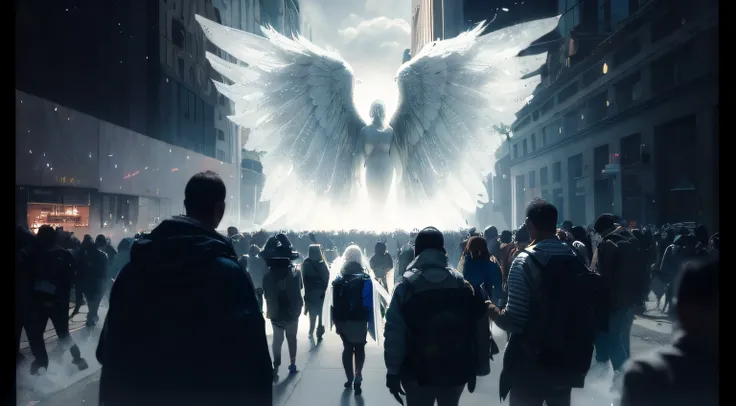 Image of a crowd of people walking down a street with a large white angel on top of it, grandes asas brancas brilhantes, massive angel wings, asas gigantes, huge wings growing out of arms, humano alado, epic angel wings, asas de anjo grande bem abertas, an...