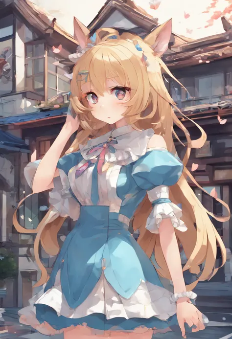 From the point of view of ants、Anime cat-eared girl with long blonde hair and blue dress stands in front of house, loli in dress, small curvy loli, Cute anime waifu in a nice dress, splash art anime loli, Cute anime girl, pretty anime girl, blonde anime gi...