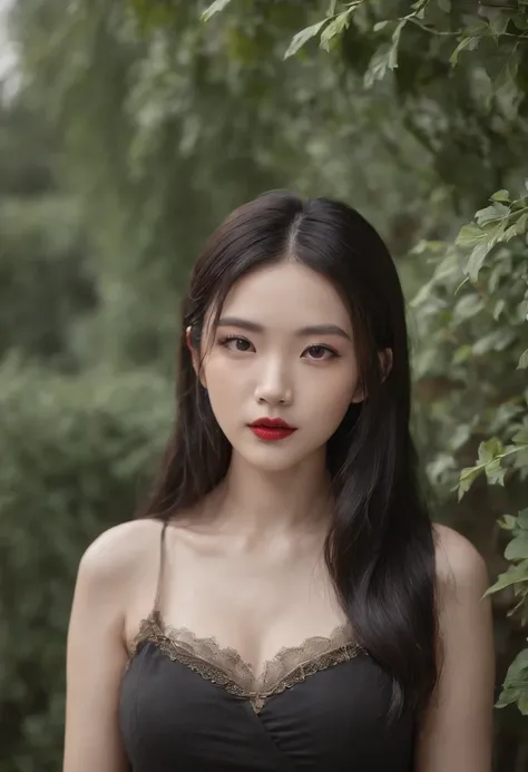 Chinese girl with long black hair, Beautiful, full bodyesbian, Small breasts, spread their legs, On the back, Wear it with a short black skirt and fishnet socks, high-heels, red lipsticks