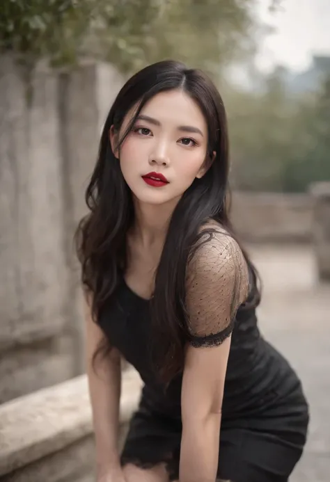 Chinese girl with long black hair, Beautiful, full bodyesbian, Small breasts, spread their legs, On the back, Wear it with a short black skirt and fishnet socks, high-heels, red lipsticks