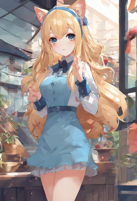 From the point of view of ants、Anime cat-eared girl with long blonde hair and blue dress stands in front of house, loli in dress, small curvy loli, Cute anime waifu in a nice dress, splash art anime loli, Cute anime girl, pretty anime girl, blonde anime gi...