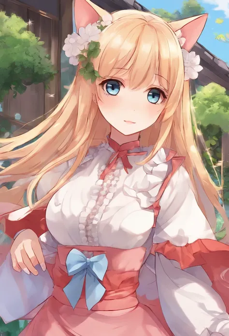 From the point of view of ants、Anime cat-eared girl with long blonde hair and blue dress stands in front of house, loli in dress, small curvy loli, Cute anime waifu in a nice dress, splash art anime loli, Cute anime girl, pretty anime girl, blonde anime gi...