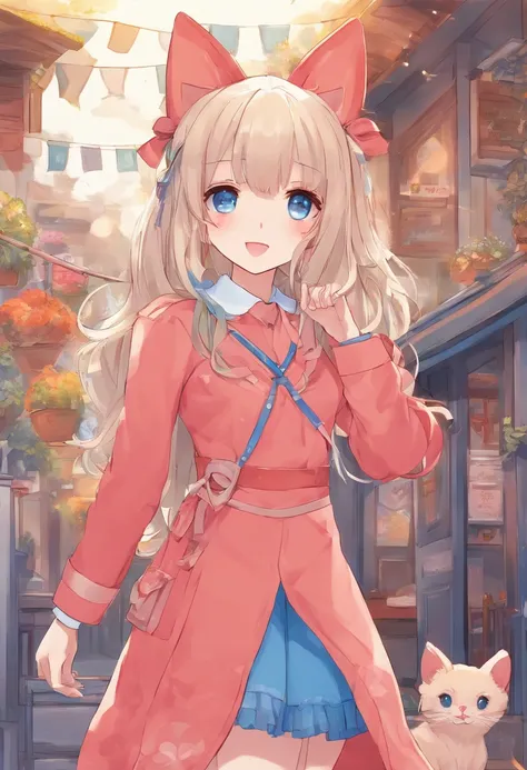 From the point of view of ants、Anime cat-eared girl with long blonde hair and blue dress stands in front of house, loli in dress, small curvy loli, Cute anime waifu in a nice dress, splash art anime loli, Cute anime girl, pretty anime girl, blonde anime gi...