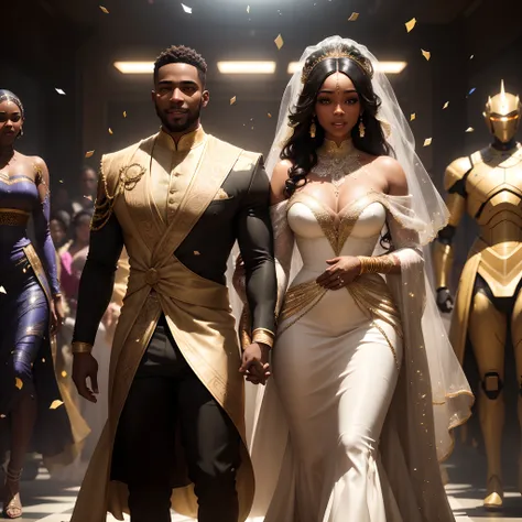 a happy Black man wedding a black woman both wearing african designed clothes getting married, in a room full of robots, confetti in the air,  celebrating congregation in the background,  with iridescent light, photorealistic image, ultra HD, cinematic lig...