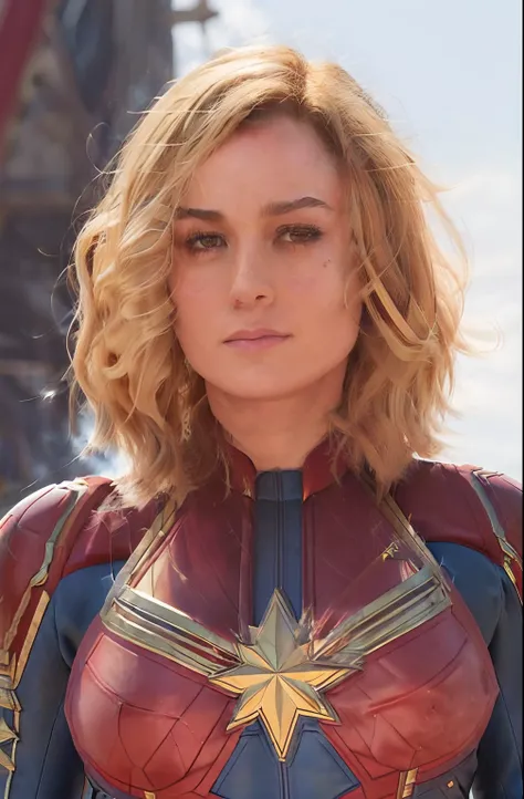 brie larson, medium hair, full body portrait, wearing captain marvel outfit, sexy, cleavage, breasts showing