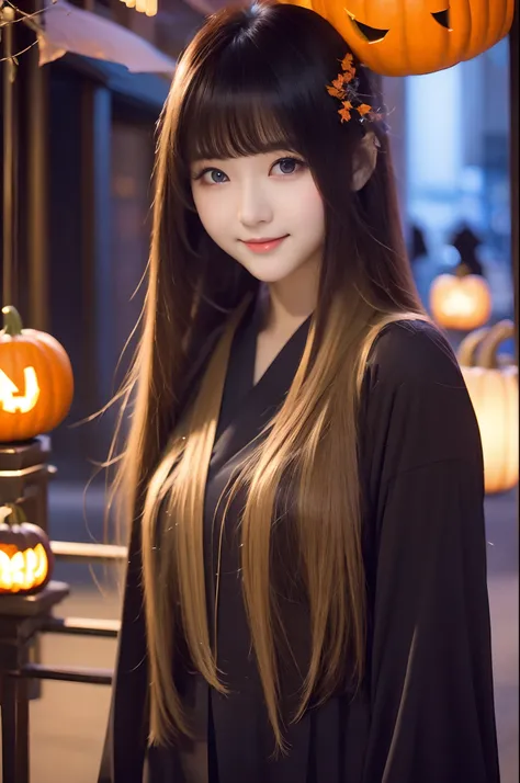 A Japanese Lady、Autumn outfit、In the city at dusk、Halloween atmosphere、a blond、a 20 yo woman、Extraordinary beauty、silky smooth long hair、Long bangs、Dating、Turn around and smile、Absolute Idol