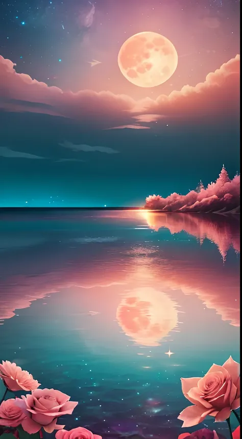 Orange moon, teal sky, soft pink clouds, teal ocean waves sparkling, sparkling, pink roses on pink ocean, fantasy, diamond, crown, universe, soft lights,