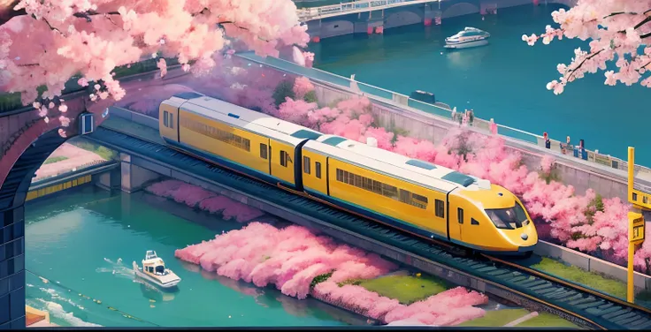 )(masterpiece, best quality), )(pixel yellow maglev train coming out of a tunnel), cherry blossom on top of the tunnel, (lake with futuristic city with tall buildings in the background), boats on the lake, 8-bit style, daytime,train moving forward, scale 1...