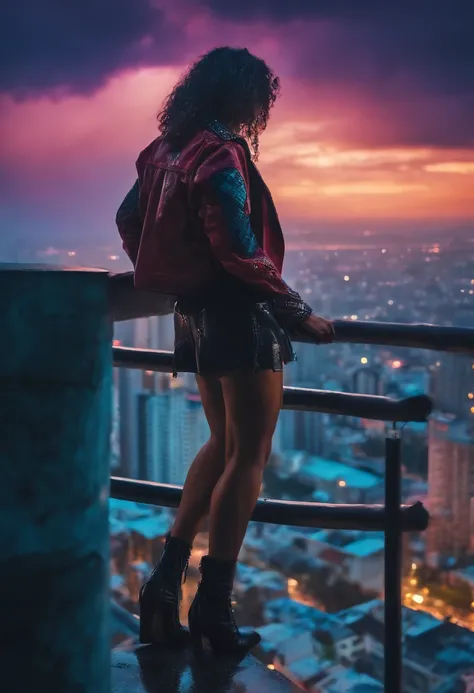 Guerreira cyber punk bunda grande, saia curta, From the top of a building watching the colorful city and the moon in the sky amidst some rain clouds,