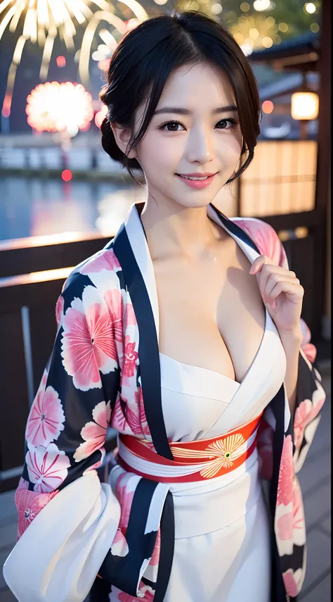 (8K、Raw photography、top-quality、​masterpiece:1.45)、(realisitic、Photorealsitic:1.35)、(((Fireworks Venue、natta)))、one girls、cute little、Seductive smile:1.2、(((Kimono,Yukata)))、profetional lighting、Rich details、(Fine facial features)、二重まぶた、Colossal tits、Valle...