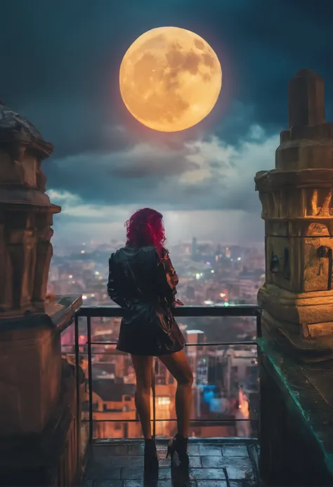 Guerreira cyber punk bunda grande, saia curta, From the top of a building watching the colorful city and the moon in the sky amidst some rain clouds,