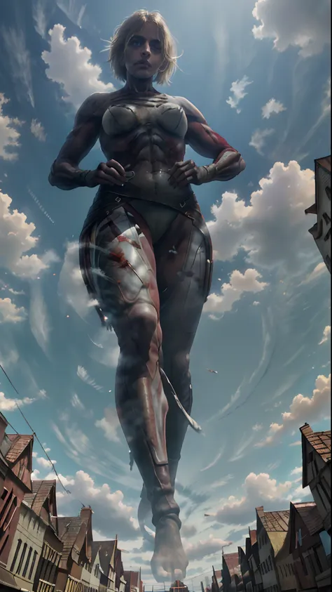 annie_leonhardt, giantess, big body, giant girl, 1girl, solo, looking at viewer, 1girl, female titan, blonde hair, short hair, blue eyes, teeth, scar, blood, giant, giantess, muscular, hands on hips, blue sky, cloud, view from below, ruined city walking in...