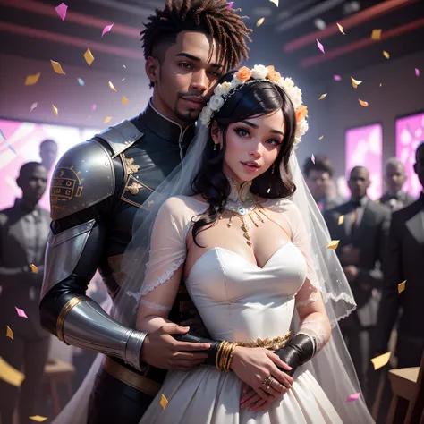 a happy Black man wedding a black woman both wearing african designed clothes getting married, in a room full of robots, confetti in the air,  celebrating congregation in the background,  with iridescent light, photorealistic image, ultra HD, cinematic lig...