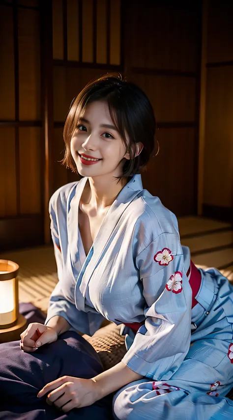 (dasha taran),(Lie down in a yukata)Huge breasts,huge breasts2.0,longbreast,Smile,Shorthair、shorth hair、Black yukata、Erotic look、Yukata with high-quality floral pattern