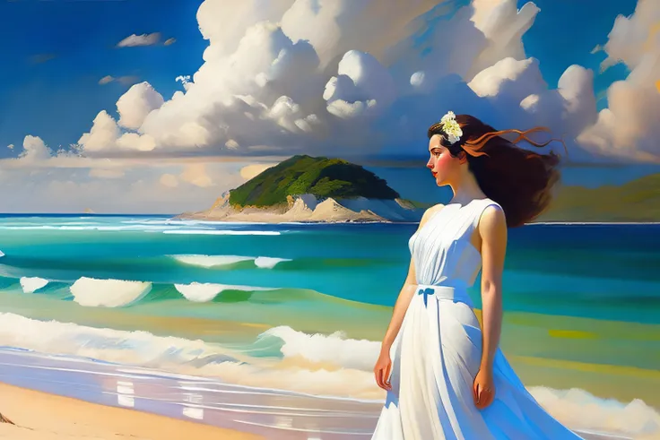 studio ghibli style, Paint a picture of a lovely white woman standing on the beach of a beautiful Caribbean sea / her long white  dress is blowing in the wind watching a cloud pass by in the distance by studio Ghibli, Beautiful face/ by artgerm, by wlop, b...