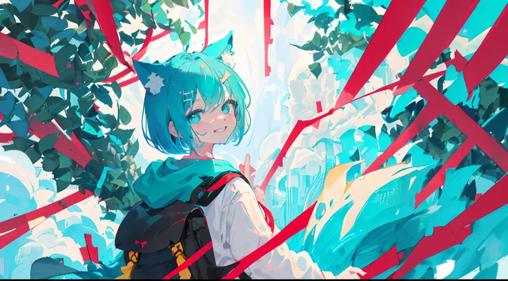 portrait of solo ((catgirl)) (child, 9 years old), ((short fluffy turquoise hair in a wavy bob-cut)), ((turquoise nekomimi)), flat-chested, smug grin, from below, low angle, (dark blue and white high school uniform, red ribbon), chaotic background, masterp...