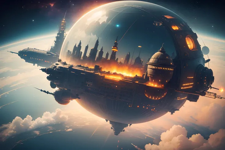 (1 Clear_Domed city floating in space), Dieselpunk:1.5, industrial:1.5, James_Blish, "Cities_in_Flight", Spindizzy, Rust_Belt, retro_sci-fi:1.5, (venting factory smoke into space), (in orbit over an alien world:1.4)