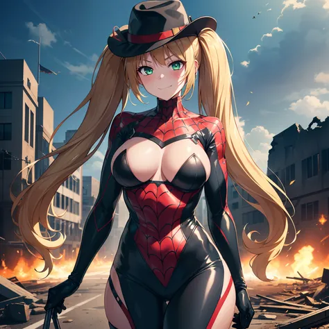 1girl,big breasts,standing in ruined city,(8k),scratches,detailed face,blond hair,green eyes,long hair,twintails,embarassed,small smile face,high_res, high_definition,the battlefield,Heroic pose,dark suit,mini cowboy hat,(symbiote spider man Custome:1.1),