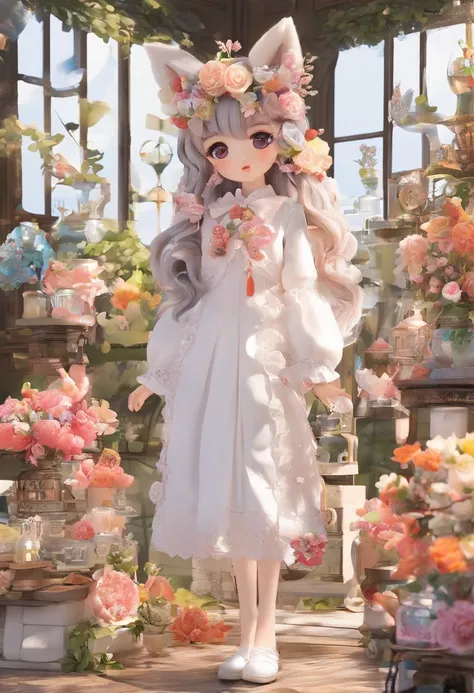 Florist clerk、Pop Mart Blind Box IP、Close up of cute white robe doll、Young One Angel Style、Wear longer, Dress fluently、Lop style、Poseline doll、Little people々々々々々々々々々々々々々々々々々々々々々々々々々々々々々々。unreal enginee 5、Light 3D/C4D production: 8K HD quality/illuminating/...