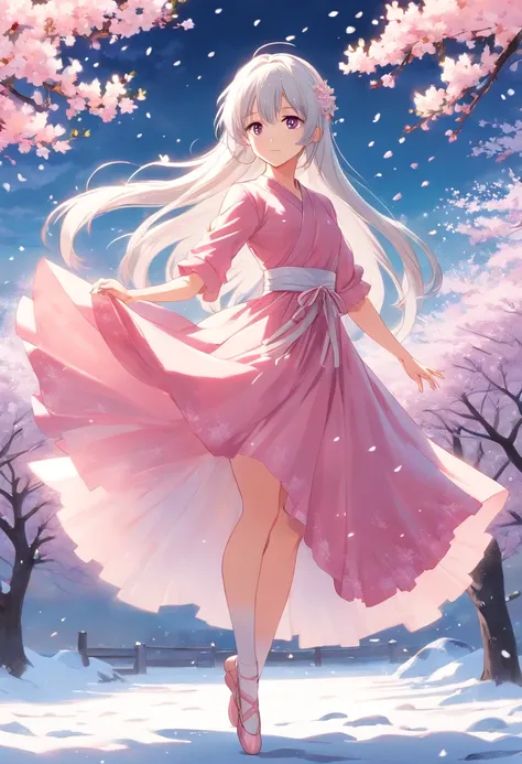 (high resolution) (high detail) long white hair, snow princess with silver eyes wearing flowing pink dress with ballet shoes with background with cherry blossom tree in the winter