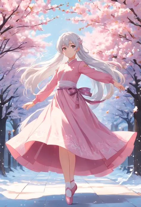 (high resolution) (high detail) long white hair, snow princess with silver eyes wearing flowing pink dress with ballet shoes with background with cherry blossom tree in the winter