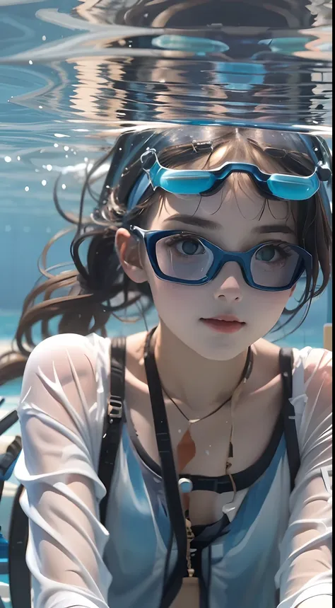 Young beautiful girl wearing swimming goggles in swimsuit，swimming underwater，Beautiful underwater view