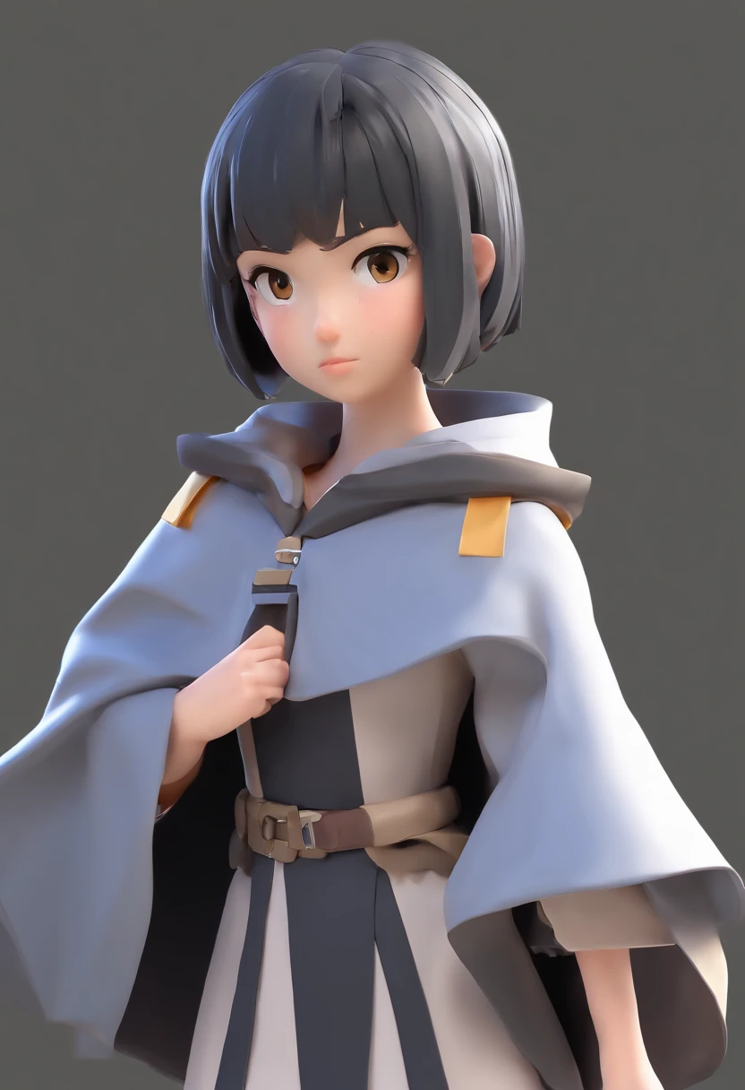 1girl, loli, short hair, black hair, chara (Undertale), gray cape, serious face, short pans