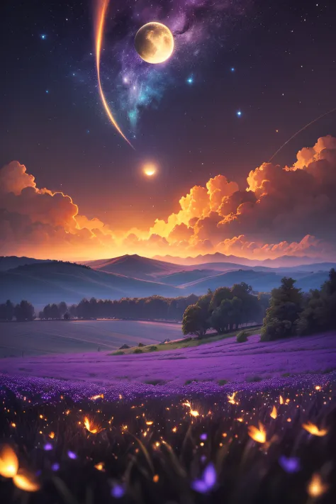 expansive landscape photograph , (View from below, showing the sky above and the fields below), blossom flower field, (fullmoon:1.2), (shooting stars:0.9), (nebulous:1.3), distant mountains , WOOD BREAK PRODUCTION ART, (warm light source:1.2), (fireflies:1...