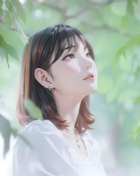 1 beautiful Korean girl, with beautiful eyes, sharp nose, slightly smiling red lips, clean, bright skin, short orange hair, wearing a white dress, white round earrings, silver necklace accessories, facing to the side