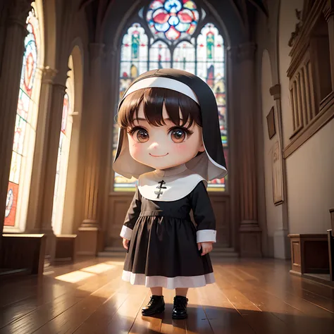 ​masterpiece、top-quality、ultra-detailliert、(Chibi-chara Nun:1.2)、独奏、inside a church、stain glass、A smile、Standing