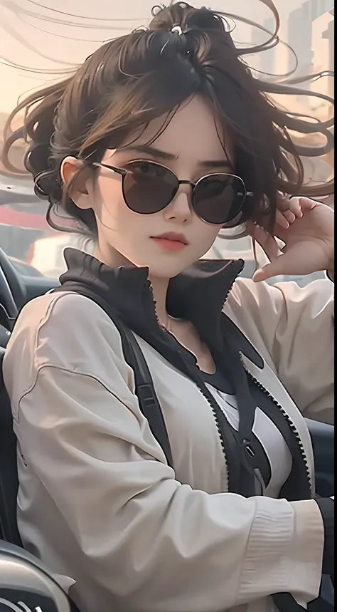 The girl is wearing sunglasses and driving a sports car, her hair blown by the wind, on the vast road, wearing fashionable clothes