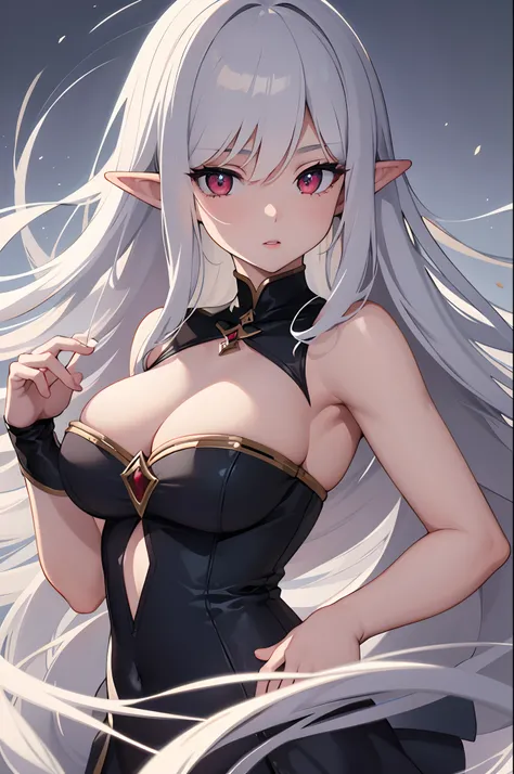 1girl, anime, cute girl, elf, blank background, white background, fantasy, detailed dark fantasy dress with highlights, beautiful face, beautiful eyes, dark colors, medium breasts, slight cleavage, beautiful skin, cute, silver hair, red eyes, breast curtai...