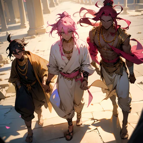 1male, dark skin, messy pink hair man bun, grey eyes, loose egyptian fancy clothes, jewelry, bandages wrapped around arms, posing with hands in pocket, best light and shadows, oasis city, walking down path