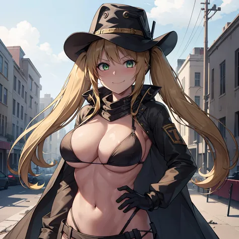 1girl,big breasts,standing in ruined city,(8k),scratches,detailed face,blond hair,green eyes,long hair,twintails,embarassed,small smile face,high_res, high_definition,the battlefield,Heroic pose,dark suit,mini cowboy hat,(symbiote spider man Custome:1.1),