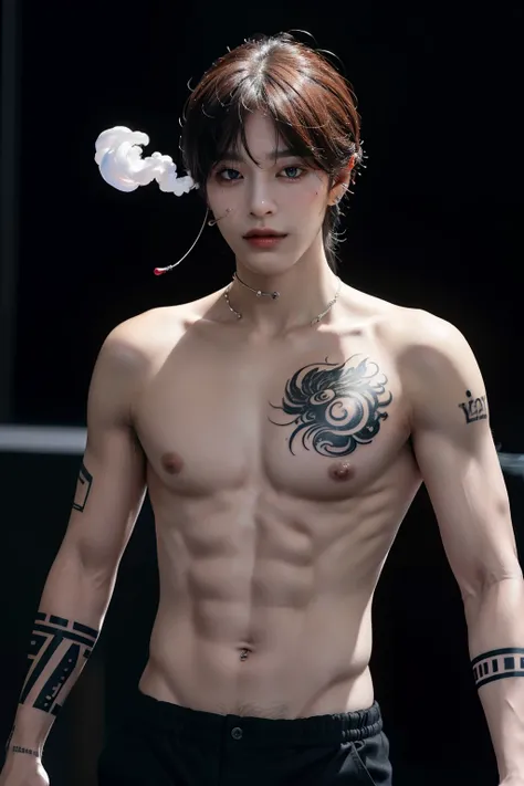 Create a realistic AI image of Taehyung, with tattos, piercings e smoking