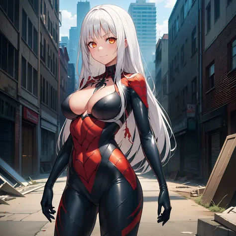 1girl,big breasts,standing in ruined city,(8k),scratches,detailed face,white hair,orange eyes,long hair,embarassed,small smile face,high_res, high_definition,the battlefield,Heroic pose,dark suit,(symbiote spider man Custome:1.1),