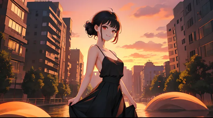 {Voluminous updo|Natural wavy shape|Issued|Pixie cut}, view the viewer, Outdoors, Happy face, Red eyes, Black hair, 1girll, Small breasts, arms back behind, (Cinematic:0.7), Cowboy shot, Tight skirt,
Sunset,