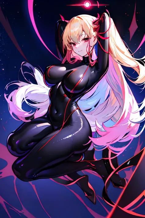 Carefully draw the face　High-quality faces in anime style　a blond　Shiny black full body suit　Red lines all over the body　huge tit　Big ass　Whip thighs　seductiv　a smile　succubus　Rubbing your chest with your hands