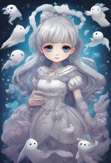 There is a cartoon character holding a group of ghosts, concept art by Kanbun Master, pixiv contest winner, Furry art, Detailed fanart, official fanart, [ Character design ], lovely art style, danbooru and artstation, Cute detailed digital art, 🍁 Cute, wis...