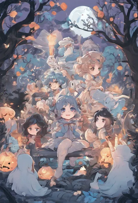 There is a cartoon character holding a group of ghosts, concept art by Kanbun Master, pixiv contest winner, Furry art, Detailed fanart, official fanart, [ Character design ], lovely art style, danbooru and artstation, Cute detailed digital art, 🍁 Cute, wis...