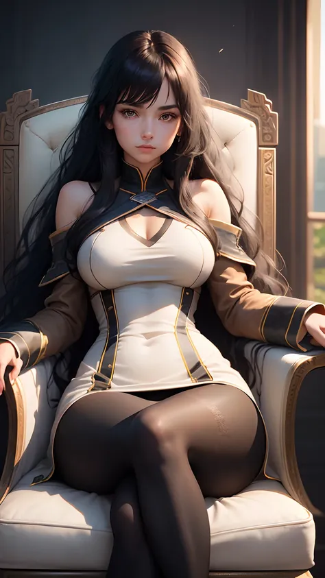 A warrior girl, long and light sward, black long wavy hair, medium breasts, perfect waist, detailed dress, tight top, tight short pencil skirt with pantyhose, brown woollen coat , sitting cross-legged on throne, view from underneath, super quality, masterp...