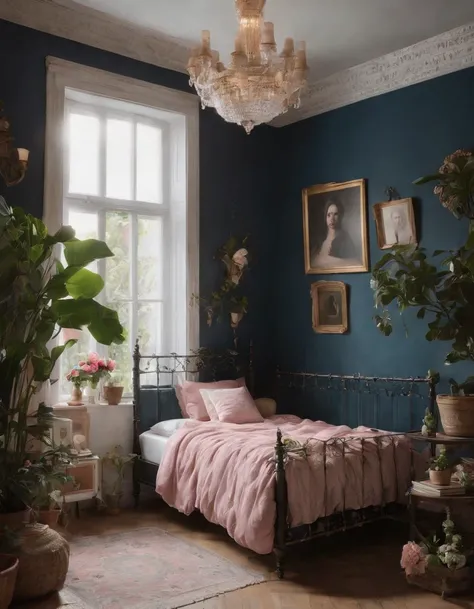 uma geral infantil pendurado na parede, no estilo de anil escuro e preto, Gothic tones, Rusticcore, Cor pura, texturas aveludadas, listrado, warmcore, Architectural summary photo of maximalist pink girl room with many flowers and plants, luz dourada, Surre...