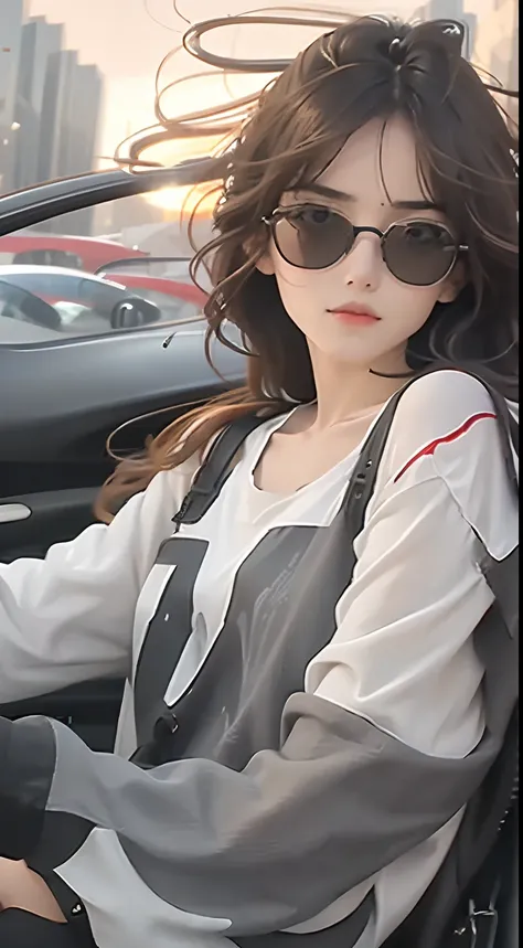 The girl is wearing sunglasses and driving a sports car, her hair is blown by the wind, and her eyes are looking at the road ahead. On the vast road, she faces the camera from the side and is wearing fashionable summer short-sleeved shorts.