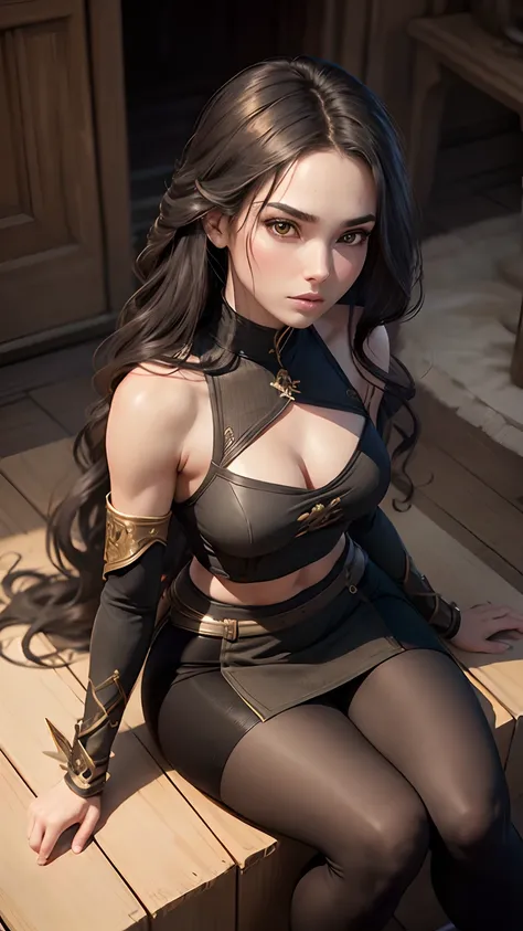 A warrior gir with small breast, small waist,  a long and light sward is planted  beside her Or she holds it, black long wavy hair, detailed dress, crop top , tight short pencil skirt with pantyhose, woollen coat , sitting  on throne, view from underneath,...