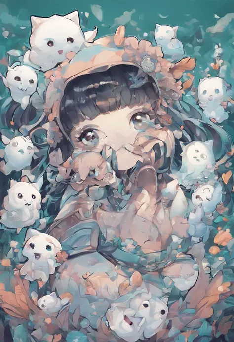 There is a cartoon character holding a group of ghosts, concept art by Kanbun Master, pixiv contest winner, Furry art, Detailed fanart, official fanart, [ Character design ], lovely art style, danbooru and artstation, Cute detailed digital art, 🍁 Cute, wis...